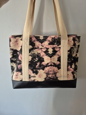 Avon Canvas Tote Bag in Black, Pink & Cream Perfect Condition Floral